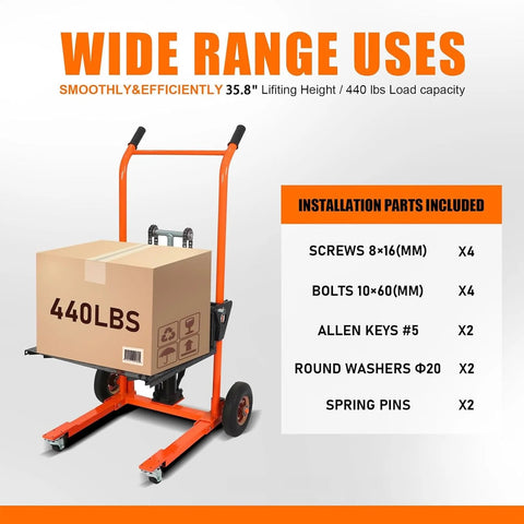 Compact Hydraulic Stackers For Tight Aisles, 440 Lbs Capacity Manual Pallet Jack With 35.8 Inch Lift in orange finish