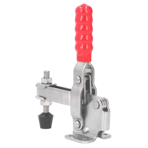 Vertical Toggle Clamp 304 Stainless Steel Beefy 500 Lb Holding Capacity GH 12130SS with red handle in profile view.