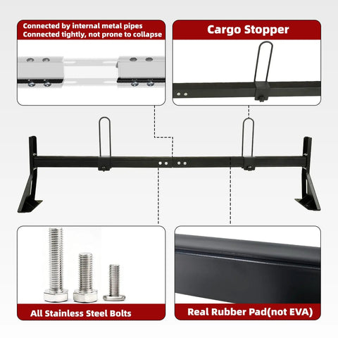 Heavy Duty Van Ladder Rack With Side Rollers And Cargo End Stops For Ford Transit Nissan Vans showing internal metal pipes and cargo stopper.