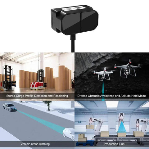 TFmini Plus LiDAR Sensor Module for drones and robots with 0.1-12m range featured in various industrial and automation applications.