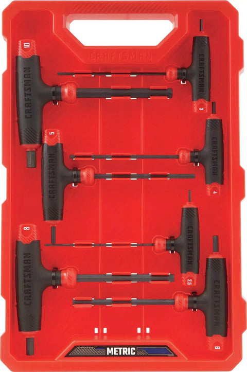 14 Piece Hex Key Set With T Handle For Max Torque And Leverage, Black Oxide Steel L Keys, red storage rack with metric labels