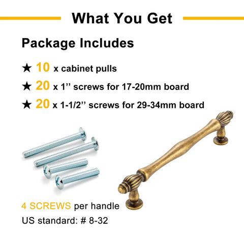 Set Of 10 Antique Brass Cabinet Pulls 3 Inch Center To Center Drawer Handles with screws, package includes description.