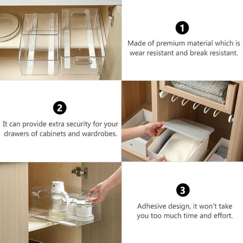 Self Adhesive Drawer Slides 10.39 Inch Guide Rails Peel And Stick Hardware in use inside a cabinet for organization.