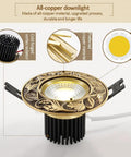Sleek Set Of 12 Premium 3.8 Inch Brass LED Recessed Can Lights, Dimmable Gold Adjustable COB Downlights For Living Room, detailed view of all-copper downlight with decorative design.