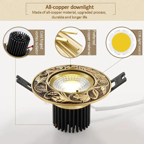 Set Of 12 Adjustable 3.8 Inch Led Recessed Can Lights Dimmable Round Downlights Heavy Duty Brass Finish showcasing all-copper downlight with intricate design.