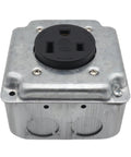 Heavy Duty Nema 6 50r Power Outlet Receptacle Flush Mount Galvanized Steel 50 Amp with black socket for industrial use.