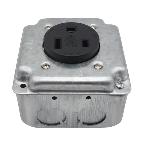 Heavy Duty Nema 6 50r Power Outlet Receptacle Flush Mount Galvanized Steel 50 Amp with black socket for industrial use.