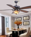 Top Shelf Antique Ceiling Fan 42 Inch With Bright LED Light And Simple Remote Control in a dining room with wooden blades.