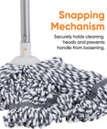 No Fuss Grey String Microfiber Mop Replacement Head Snap Tight Fit for Self Wringing Handle with snapping mechanism design.