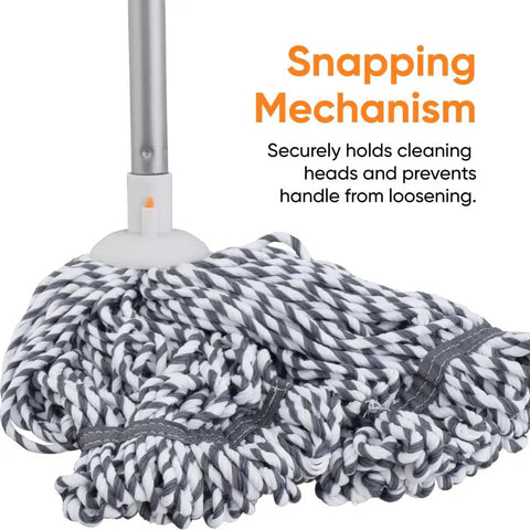 No Fuss Grey String Microfiber Mop Replacement Head Snap Tight Fit for Self Wringing Handle with snapping mechanism design.