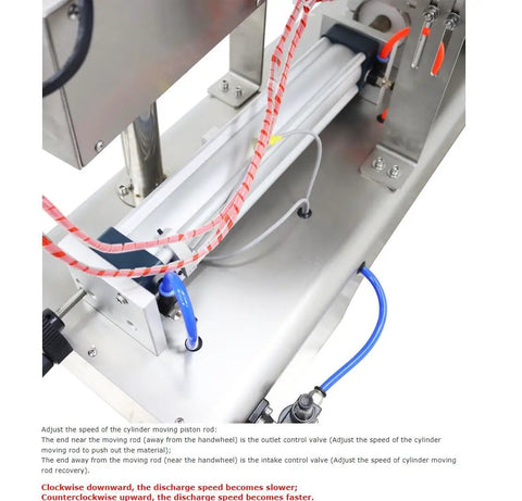 Heavy Duty 100 To 1000 ML Paste Filling Mixing Machine With Horizontal Heating Hopper And Pneumatic Liquid Filler detail view of control valves and piston rod.