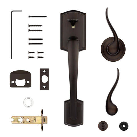 Prescott Front Door Handleset Exterior With Reversible Interior Lever, Non Locking, Venetian Bronze Finish, screws included