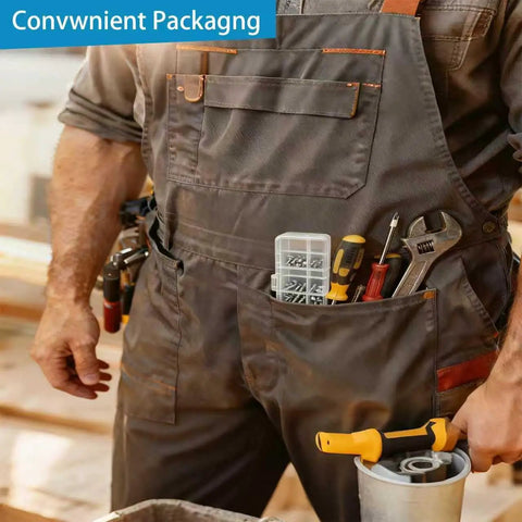Person in work overalls with tool kit holding White Wall Plate Screws Kit With 46 Screws In Eight Lengths For 6-32 Thread