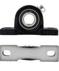 Front and bottom view of Two Pack UCP205 Pillow Block Bearings 25mm ID Heavy Duty Self Aligning Cast Iron Solid Base Chromium Steel Bearings For High Load Capacity Built Beefy For Rugged Use And Smooth Operation.
