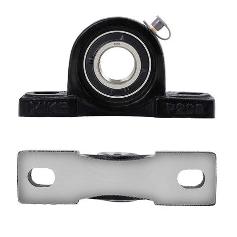 Front and bottom view of Two Pack UCP205 Pillow Block Bearings 25mm ID Heavy Duty Self Aligning Cast Iron Solid Base Chromium Steel Bearings For High Load Capacity Built Beefy For Rugged Use And Smooth Operation.