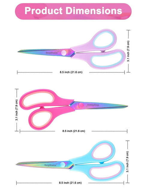Heavy Duty 8.5 Inch Office Scissors With Titanium Coated Blades And Ergonomic Semi Soft Rubber Grip All Purpose Fabric Sewing School Craft Scissors 3 Pack dimensions chart