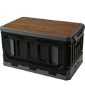 Huge Capacity Folding Storage Bin Built Like A Tank Stackable Wooden Lid Camping Crate with black plastic and wood lid.