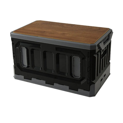 Huge Capacity Folding Storage Bin Built Like A Tank Stackable Wooden Lid Camping Crate with black plastic and wood lid.