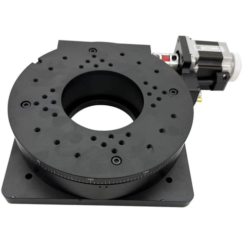 Pro Grade Hollow Shaft Worm Drive Motorized Rotary Index Table With Synced Step Driver For Dead Center Angular Positioning and Smooth Control On Heavy Lifting Automation Tasks, top view showing central hole and markings.