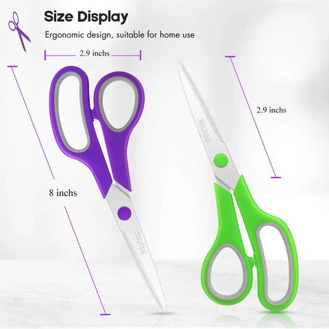 Five Pack 8 Inch Multipurpose Fabric Scissors Set For Sewing, Craft, Office And School, Sharp Durable Blades, Rust Resistant, Soft Comfort Grip Handles For Left Or Right Hand, Colorful Assortment size display with purple and green 8-inch scissors