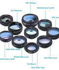10 In 1 Smartphone Lens Kit With Macro Wide Fisheye Telephoto Kaleidoscope CPL Radial Star Filters And Remote Shutter With labeled lenses