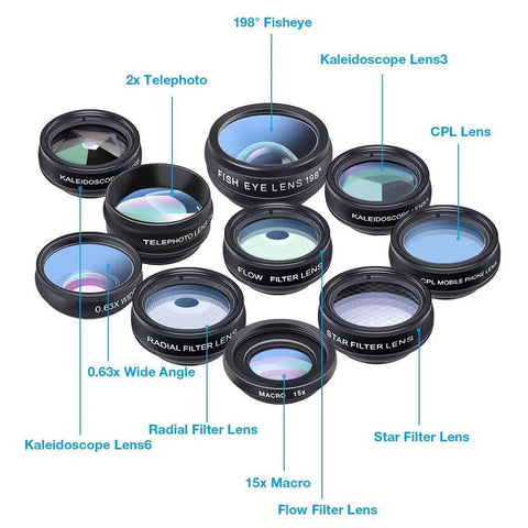 10 In 1 Smartphone Lens Kit With Macro Wide Fisheye Telephoto Kaleidoscope CPL Radial Star Filters And Remote Shutter With labeled lenses