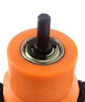 Close-up of orange multipurpose double head sheet nibbler metal cutter drill attachment with black spindle for precise clean cuts.