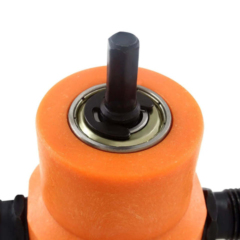 Close-up of orange multipurpose double head sheet nibbler metal cutter drill attachment with black spindle for precise clean cuts.