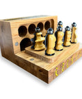 Heavy Duty Architectural Molding Router Bit Set For Skilled Woodworkers Crafting Knockout Baseboards Door Casings And Chair Rails, 7-gold coated router bits in a wooden holder.