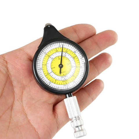 Map Measurer Metal Wheel Outdoor Navigation Tool for Camping Hiking Cycling, measuring gauge in hand, black and yellow dial.