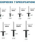 Large Flange Aluminum Blind Rivets Kit With Case 220 Piece Assortment Including Seven Sizes 1/8 5/32 And 3/16 Inch Black Rivets