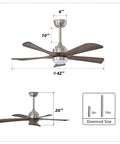 42" 5PCS Solid Wood Blades Ceiling Fan with Lights Remote Control, Nickel dimensions showing size and design details.