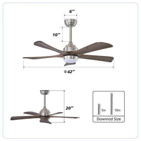 42" 5PCS Solid Wood Blades Ceiling Fan with Lights Remote Control, Nickel dimensions showing size and design details.