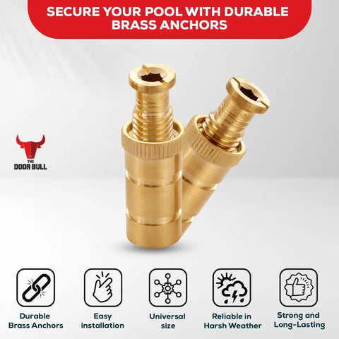 Close-up of two brass pool cover anchors from the Beefy Heavy Duty Brass Pool Cover Anchors For Concrete And Paver Decks Universal Size Fits Three Quarter Inch Hole Safe Inground Pool Safety Covers Durable Weatherproof And Easy To Install Five Pack.