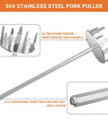 Hella Sharp Stainless Steel Meat Fork Pork Puller Tool With Upgraded Ultra Tough Tines, showing ultra-sharp design and hex shaft.