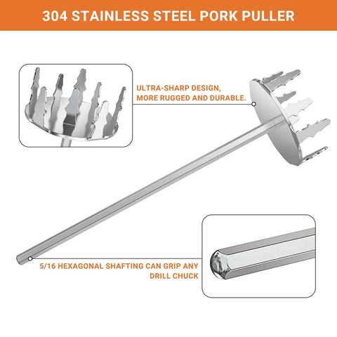 Hella Sharp Stainless Steel Meat Fork Pork Puller Tool With Upgraded Ultra Tough Tines, showing ultra-sharp design and hex shaft.