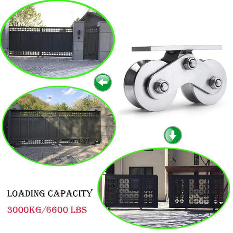 Beefy Heavy Duty Sliding Gate Caster With Groove Wheel for 3000Kg 6600Lbs load, shown on gates with double pulley design