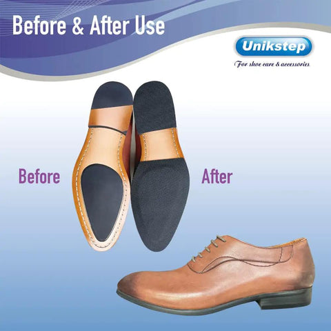 4 Pieces Shoe Sole Protectors Anti Slip Grip Pads Self Adhesive Non Skid Noise Reduction Sticker For Shoes Black Durable Rubber Backing With High Abrasion Resistance For Indoor Outdoor Use shown on shoe soles before and after application.
