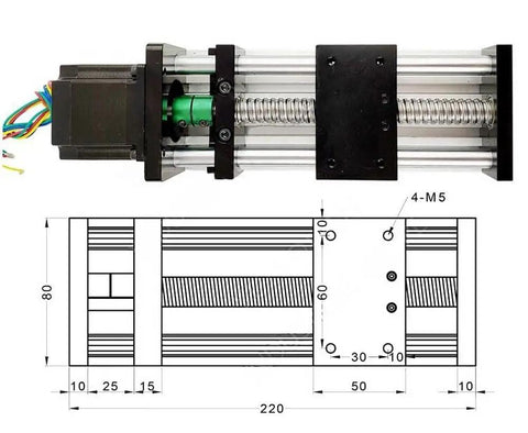 Beast Optical Axis Sliding Table Motion Module Kit With 16mm SFU1605 Ballscrew And Nema23 Stepper For CNC, Robotics, Automation, 50–300mm Stroke, 40kg Horizontal Load, 3Nm Torque, 57mm Flange, 220mm drawing