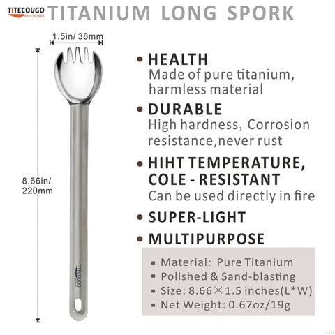 Ultra Lightweight Titanium Spork Multitool For Camping And Outdoors Long Spork With Spoon And Fork Combo with dimensions and features