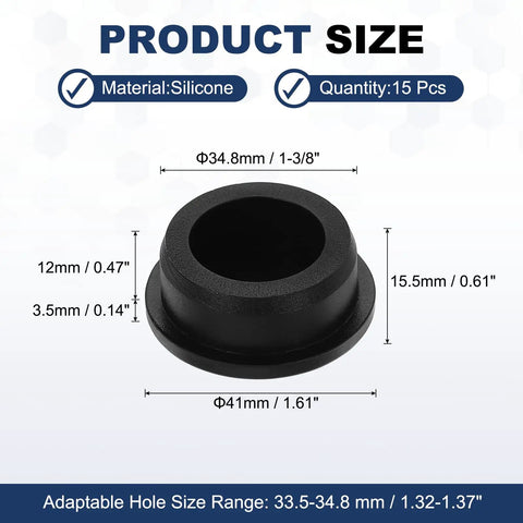 15 Pcs T Shaped Silicone Plugs Set For 33 To 35 Mm Holes 34 Mm Diameter Round Rubber Stops Snap In Waterproof Bulkhead Seals dimensions