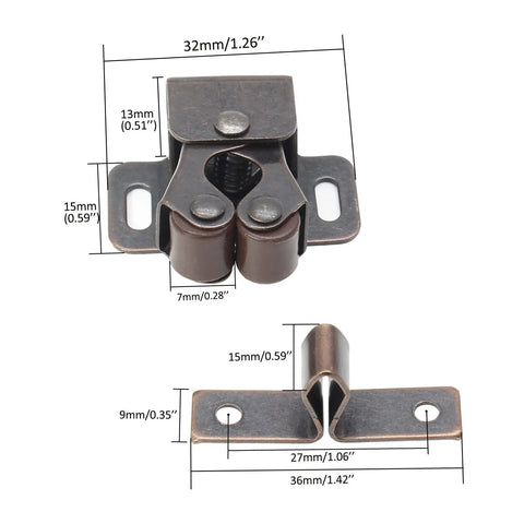 Dimensions of 10 Pack Double Roller Cabinet Latches With Spear Strike For Cupboard Closet Door Easy Install Secure Closure