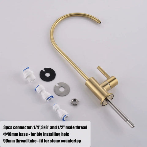 Brushed Gold Drinking Water Faucet For Kitchen Sink With Reverse Osmosis Filter, components and connectors shown.