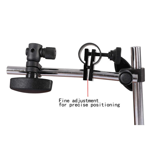 Dial indicator with magnetic base on a long metal arm; 0–10 mm range with fine adjustment, black and silver.