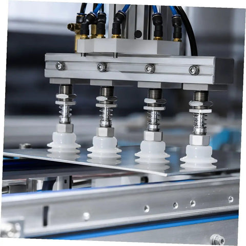 Close-up of 8 Pcs Heavy Duty Pneumatic Suction Cup Vacuum Gripper Set for Industrial Manipulator Arms, showing silicone cups on a metal frame.