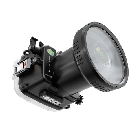 Underwater Housing For Sony FX3 And FX30 With PL100 Flat Port, 40m 130ft Depth Rating, rugged design shown at angle