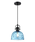 2 Pack 8" Blue Textured Glass Farmhouse Black Pendant Light E26 Base hanging from ceiling with modern design and blue glass shade.