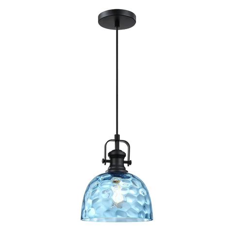 2 Pack 8" Blue Textured Glass Farmhouse Black Pendant Light E26 Base hanging from ceiling with modern design and blue glass shade.
