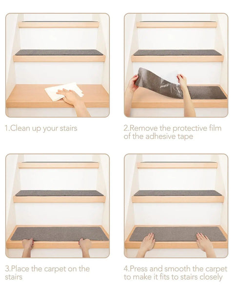 Step-by-step installation of Non Slip Stair Treads 14 Pack For Indoor Wooden And Tile Steps, Easy Removal Safety Mats, 6x30 Grey.