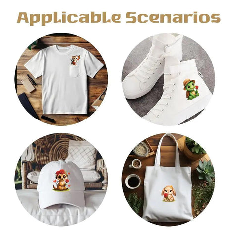 Cartoon Animal Iron On Transfers Set 12 Pack Rose Themed Heat Transfer Stickers for T Shirts Hoodies Jackets and Kids Clothing Washable DTF Ready to Press for DIY Gifts displayed on T-shirt, shoes, cap, and bag.